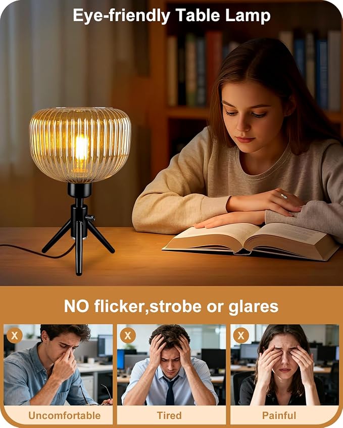 Lightdot Tripod Glass Table Lamp Black Small Desk Lamp with Brown Striped Glass Shade, 3000K Warmwhite Dimmable Nightstand Lamp for Bedroom/Bedside/Living Room/Study Room/Home Decor