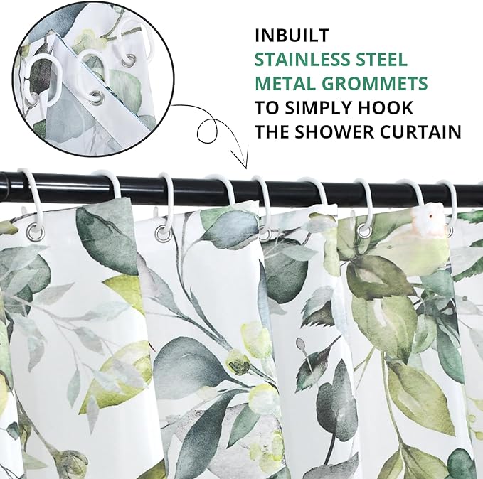 Sage Green Eucalyptus Extra Long Shower Curtain, Watercolor Leaves Plant Spring Floral Waterproof Fabric Machine Washable with Hooks for Bathroom Bathtub Decor 72Wx78H