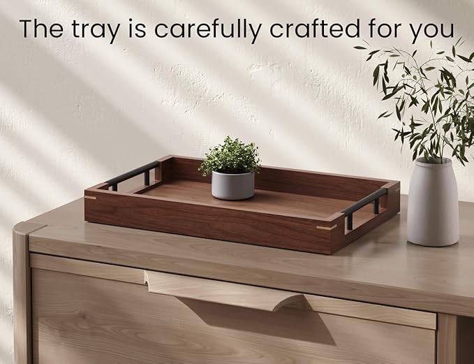 Fibogollo Walnut Wood Serving Tray with Metal Handles,15x10in Ottoman Decorative Trays Platter for Coffee Table,Living Room,Bar(Medium)