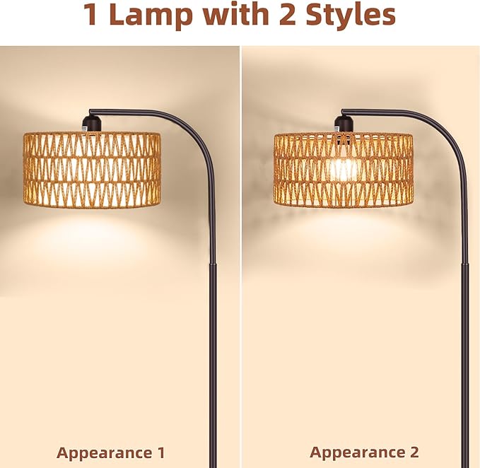 Boho Floor Lamp with Dimmable Bulb, Rattan &Linen Double Shades, Bronze Boho Standing Tall Lamps with Foot Switch, Bohemian Floor Lamps for Living Room, Bedroom, Office