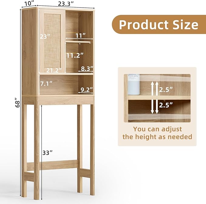LEYAOYAO Over The Toilet Storage Cabinet with Rattan Sliding Door, 68" Tall Wood Above Toilet Bathroom Organizer w/Adjustable Shelf & Curved Profile, Space Saver Freestanding Washer Shelf, Natural