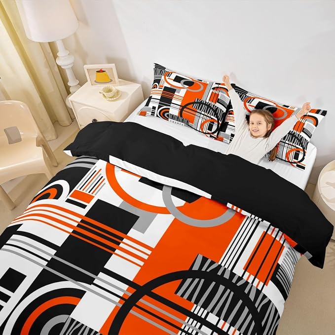 Erosebridal Art Deco Mid Century Duvet Cover Set Retro Modern Abstract Geometric King Bedding Set for Adult Men Black and White Orange Circles Stripes Comforter Cover Contemporary Bed Sets