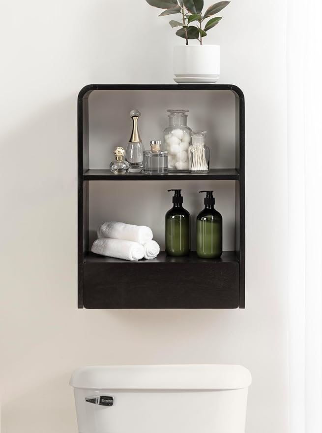 Kate and Laurel Kato Modern Wall Shelf with Drawer; 18 x 24; Black; Decorative Over The Toilet Shelf for Use as Bathroom Storage or Living Room Display Shelf