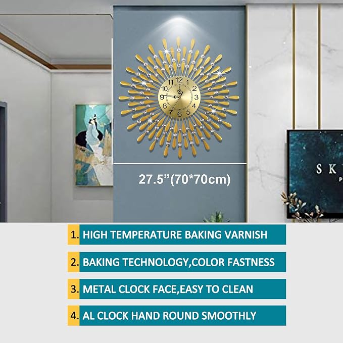 Large Wall Clock Metal Decorative Wall Clocks 3D Non-Ticking Silent Quartz Clocks with Arabic Numerals for Living Room Home Kitchen Decor