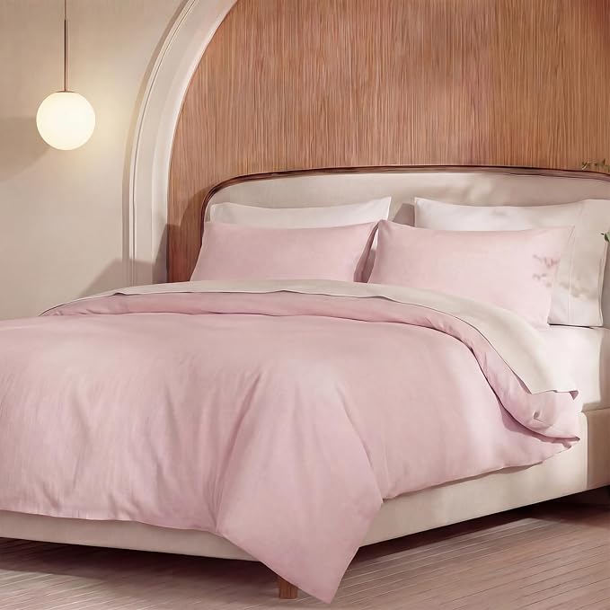 100% Washed Cotton Duvet Cover Twin Size – Pink, Linen-Like Texture, Super Soft & Breathable Bedding Set, 3-Piece Durable Percale Comforter Cover