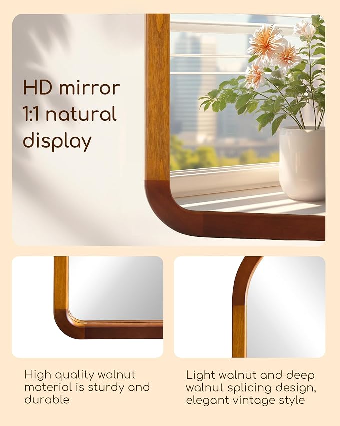 Arched Bathroom Mirror,Wood 22 x 30 Inch Arch Wall Mirror with Walnut Frame,Vanity Tempered Glass Mirror for Bedroom,Entryway,Living Room