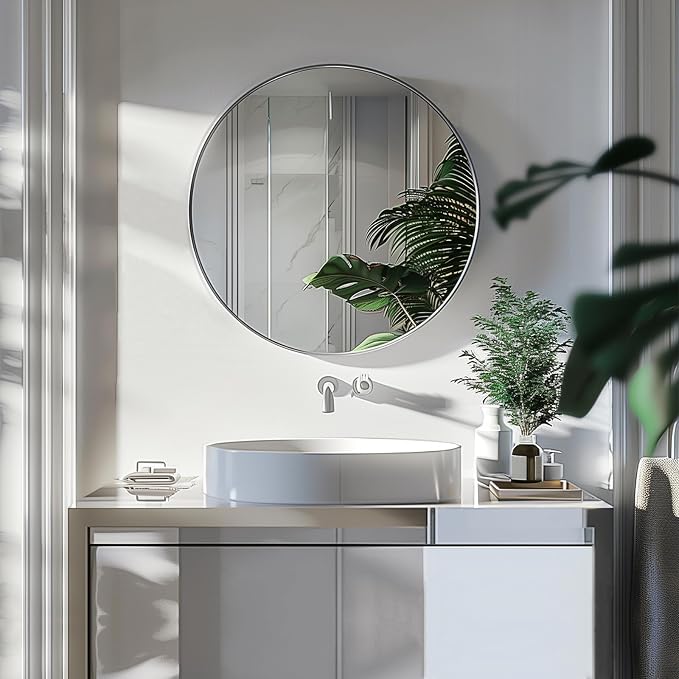Sunniry Silver Round Mirror 16 inch, Round Wall Mirror with Aluminum Frame, Circle Mirrors for Living Room, Bathroom, Wall, Hallway.