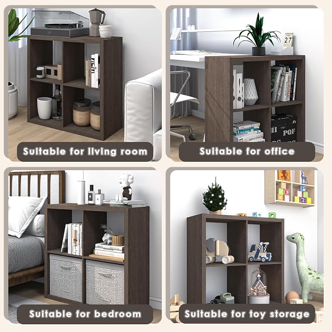 Endearing Limons【2026 Wooden Thick Border 4 Cube Shelf Storage Organizer with Anti-Tipping Kits + Reversible Open Back Bookcase (11 * 11 Unit Cell Chocolate)
