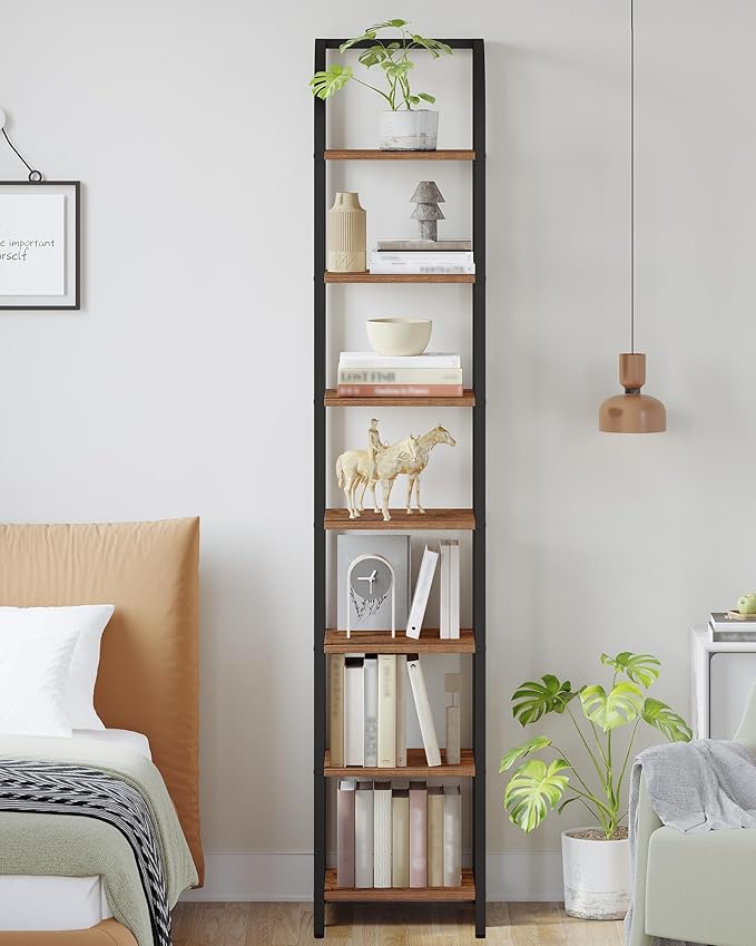 Hzuaneri Bookshelf Narrow Bookcase, Tall Storage Rack with Steel Frame, Display Standing Shelf Unit, Skinny Book Shelf for Study Living Room, Home Office, Industrial, 7-Tier Rustic Brown BC57701B