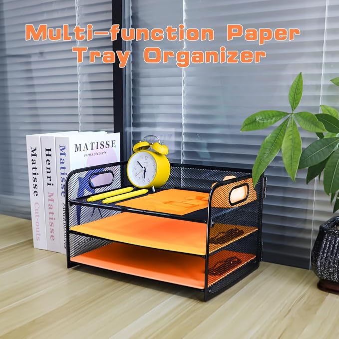 3 Tier Letter Tray Paper Organizer with Handle Desk Paper Organizer Tray, Desktop File Folder sorter Holder for Home Office School