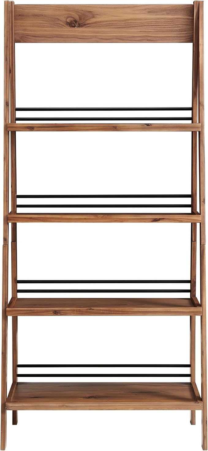 4-Tier Ladder Bookshelf - Freestanding Bookcase with Bar Back Frame - Shelves for Living Room, Kitchen, Bedroom, and Office by Lavish Home (Walnut)