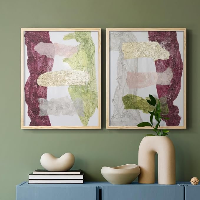 Renditions Gallery Set of 2 Peel & Stick Framed Prints, Abstract Wall Art, Mix Color Dyed Textures Wall Decor, Re-Stickable - Ready to Hang - 11"x14" - NATURAL WOOD Frame LT588