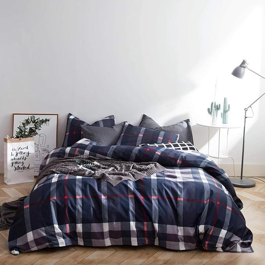 Pureant Navy Blue Plaid Comforter Set California King Blue Grid Bedding Comforter Sets for Men Boys Tartan Geometric Cal King Comforter Soft Buffalo Grid Quilts Boho Blue Comforter Sets Breathable