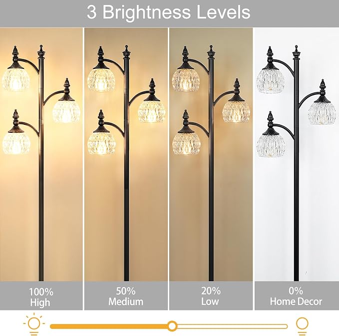 JUNNAI Black Flower Floor Lamp,Tall Standing Lamp Dimmable Tree Floor Lamps with 3 Lights Glass Shade 66.5in Modern Corner Lamp for Living Room Bedroom Office(3LED Bulbs