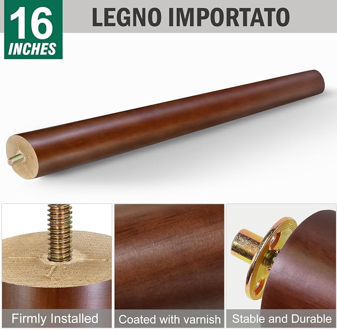 FoDau770 Brown Rubber Wood Furniture Legs 16 Inches, Slant Tapered Wood Feet Mid Century Sofa Legs Set of 4, 5/16" UNC Furniture Feet Replacement Parts for Cabinet Couch Dresser Chair Ottoman Table
