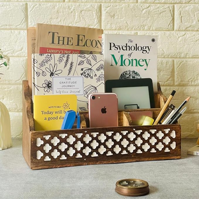 Mie Creations Wooden Office Mail Organizer for Desk Table, Vintage Wood Stationery Storage Pen Holder Desktop Accessories, 5 Compartments Bill Sorter, 13'' Large Caddy for Home, Art Supplies- White