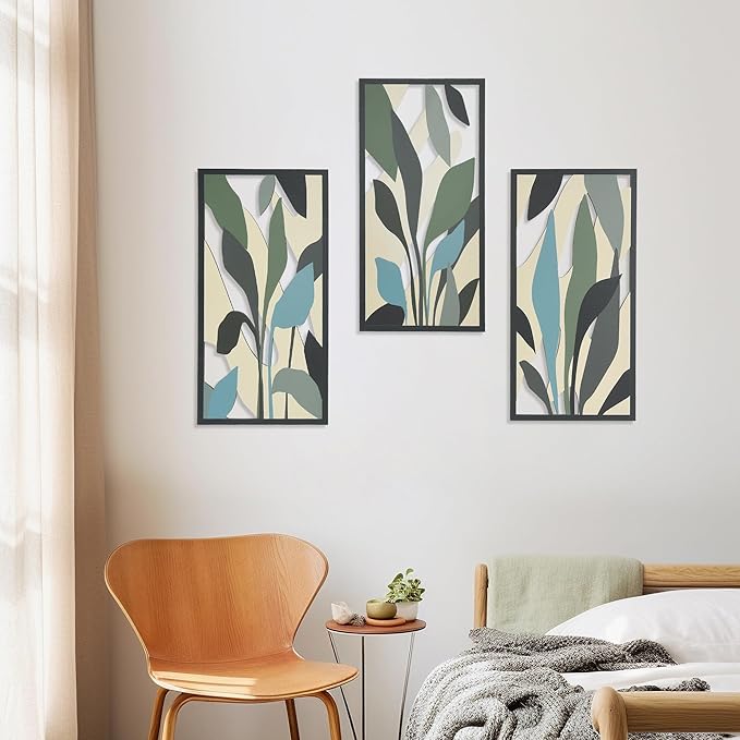 Boho Wall Art Decor for Living Room, 3D Textured Botanical Tropical Leaf Wood Framed Artwork, Mid Century Modern Farmhouse Wall Decor for Bedroom Office (Tropical Plant Theme - 15.7 x 7.87 inch)