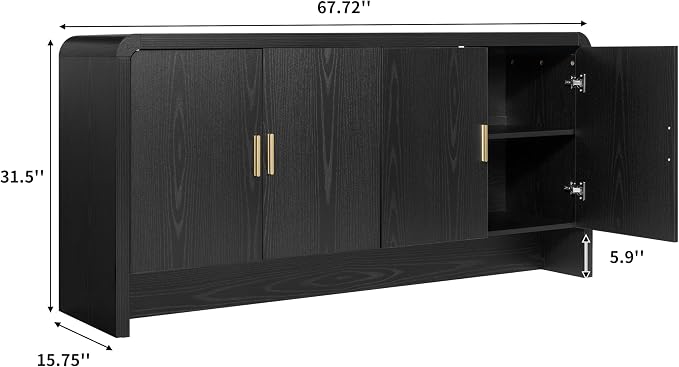 Finnhomy 68'' Sideboard Buffet Cabinet with Storage, Curved Design Credenza Storage Cabinet with 4 Doors, Console Cabinet for Kitchen, Living Room & Hallway, Black