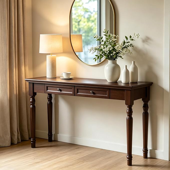 ADORZ Narrow Writing Desk with Drawers, 47 Inch French Country Solid Wood Desk for Home Office, Study Workspace or Bedroom, Walnut