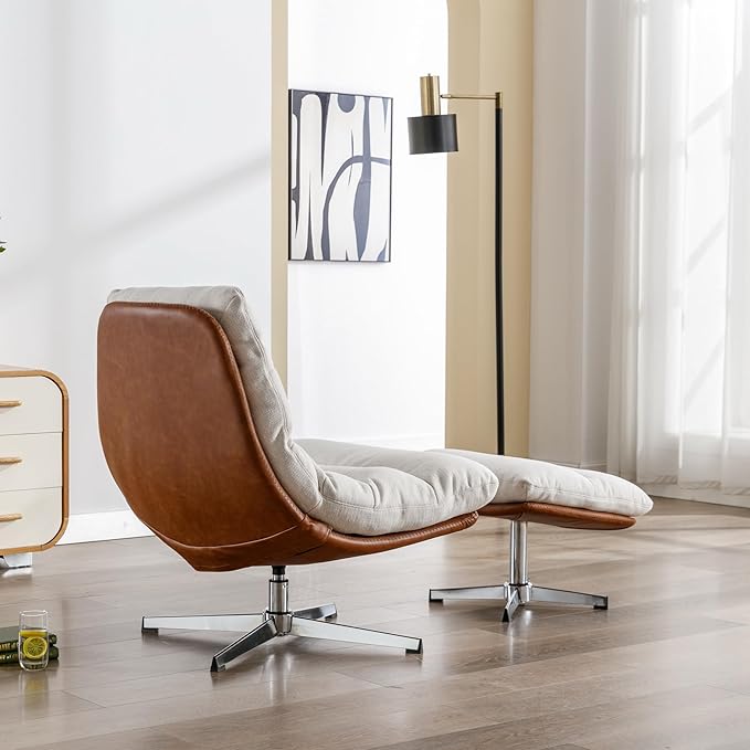 Swivel Accent Chair with Ottoman, Mid Century Modern Linen Lounge Chair with footrest, Comfy Oversized Armchair with 360 Degree Metal Base for Living Room/Bedroom, Cream