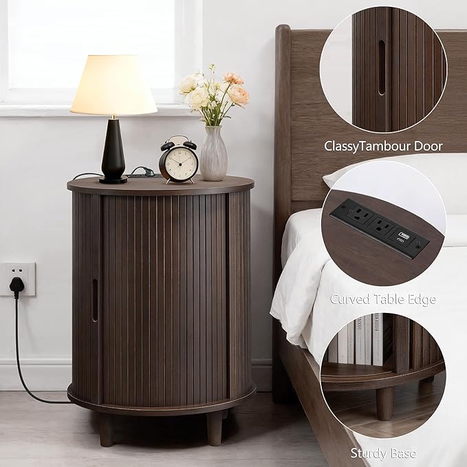 DHH Round End Table with Storage & Charging Station, Fluted Accent Side Table with Sliding Door & Adjustable Shelf, Mid-Century Nightstand for Small Spaces, Living Room, Bedroom (1, Coffee Brown)