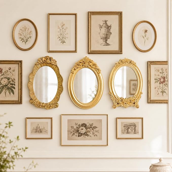 Mifoci Vintage French Wall Mirror Set of 3 Antique Decorative Gallery Wall Mirror Gold Hanging Antique Art Decor Ornate Baroque Style for Living Room Bedroom Home Decor (Oval)