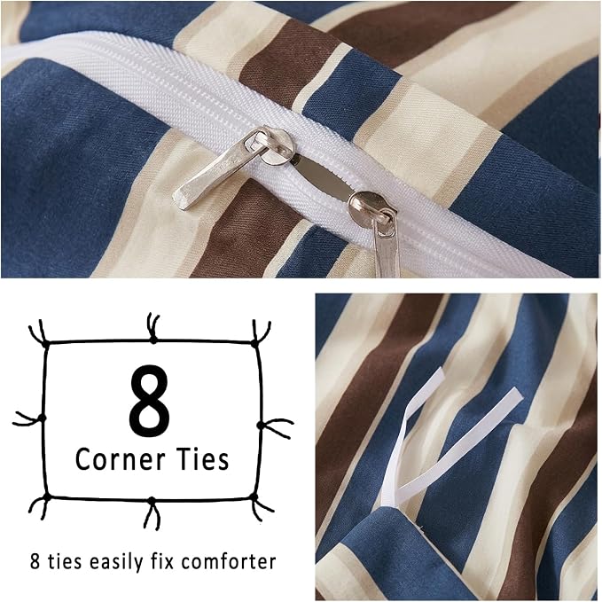 Merryword 100% Cotton Duvet Cover Set Queen Size - Vintage Blue Cabana Striped Bedding Set with Zipper & Corner Ties, 3-Piece Luxury & Silky Soft Bedding Set for All Seasons