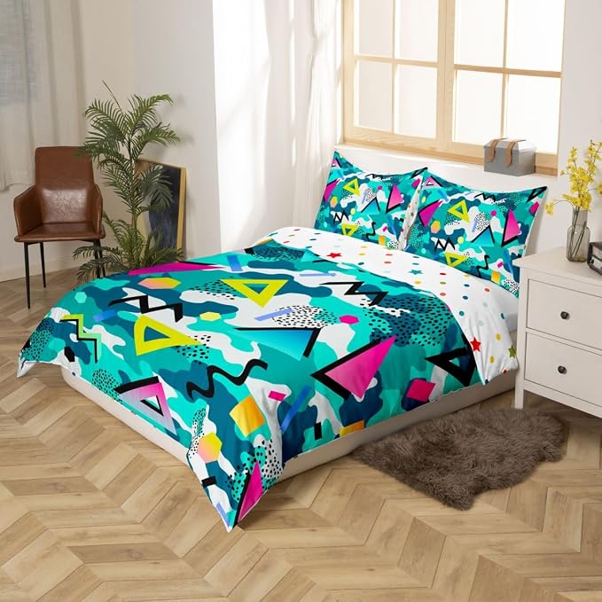 80s 90S Fashion Style Bedding Set Twin Size,Retro Memphis Style Pattern with Geometrical Shapes Duvet Cover for Kids Child,Funky Hipster Old Fashioned Comforter Cover Geometric Bedroom Decor