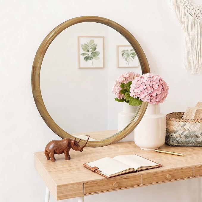 Round Wood Framed Wall Mirror Natural Wooden Circle Mirror for Bathroom Chamber Entryway Mid-Century Modern Decorative Mirror Practical