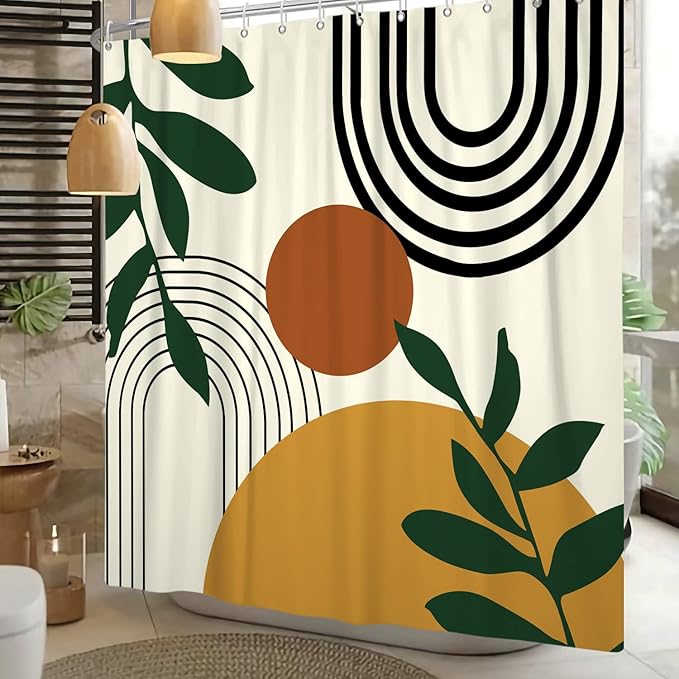 Baocicco Boho Mid Century Shower Curtain Sun Leaves Modern Abstract Geometric Aesthetic Shower Curtains for Bathroom Bathtubs Waterproof Fabric Shower Curtain with Hooks 72x96 Inches