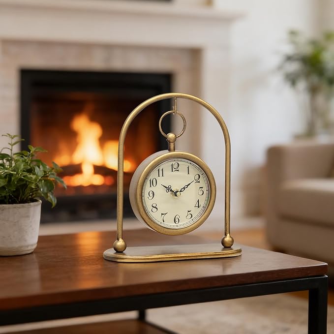 Vintage Small Gold Table Clock, Farmhouse Table Clock, Silent Non-Ticking Battery Operated Desk and Shelf Clocks for Living Room Bedroom Kitchen Home Decor