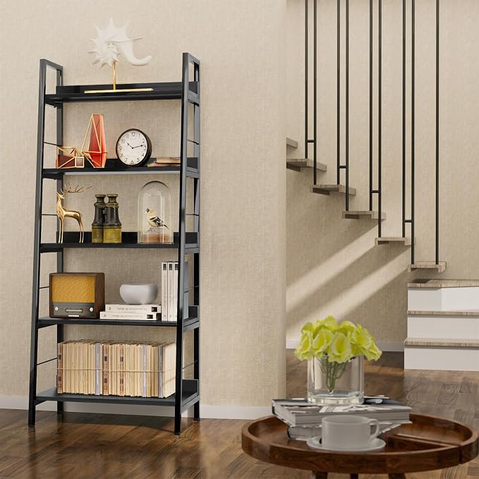 Himimi Black Ladder Bookshelf, 5 Shelf Bookcase Industrial Bookshelf Wood and Metal Bookshelves, Plant Flower Stand Rack Book Storage Shelves for Living Room, Bedroom, Home Office