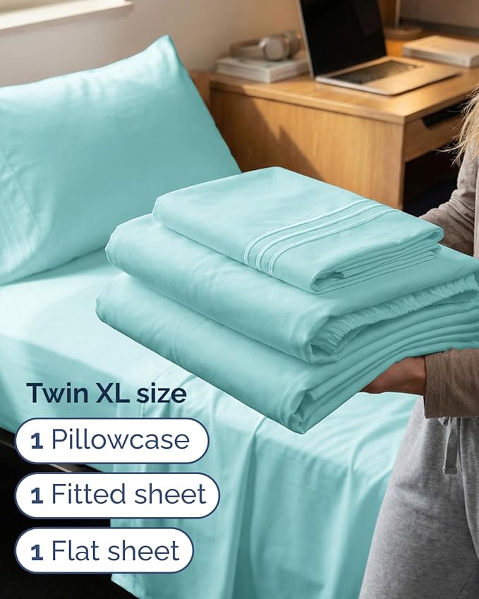 Twin XL Size 3 Piece Sheet Set - Comfy Breathable & Cooling Sheets - Hotel Luxury Bed Sheets for Women & Men - Deep Pockets, Easy-Fit, Soft and Wrinkle Free Sheets - Spa Blue Oeko-Tex Bed Sheet Set