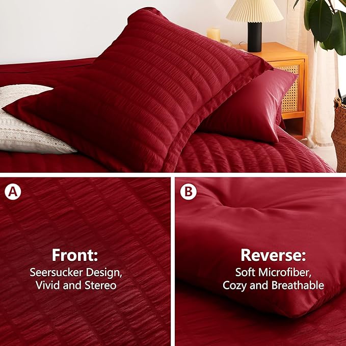 CozyLux Queen Comforter Set Dark Red, 7 Pieces Seersucker Textured Luxury Bed in a Bag Queen, All Seasons Soft Bedding Sets with Down Alternative Comforter, Sheets, Pillowcases & Shams, Home Gift