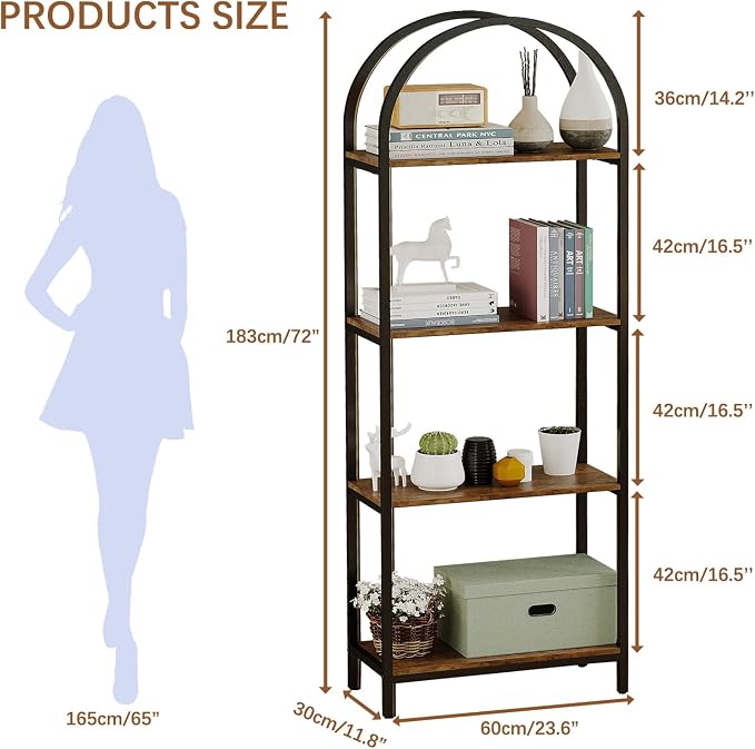 Bookshelf Arched Bookcase, Industrial 4-Tier Open Book Shelves with Metal Frame, 72" Tall Freestanding Storage Display Rack for Home Office, Living Room (Rustic Brown, 4 Tier Arched)