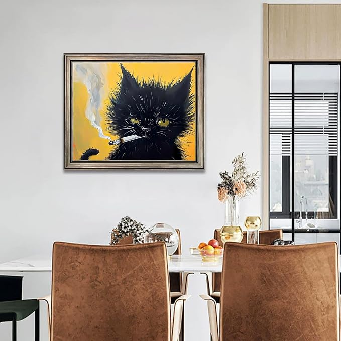 Vintage Framed Black Cat Painting Cat Portrait Wall Art Canvas Print Poster for Mens Room Living Room Bedroom Bathroom Home Decor
