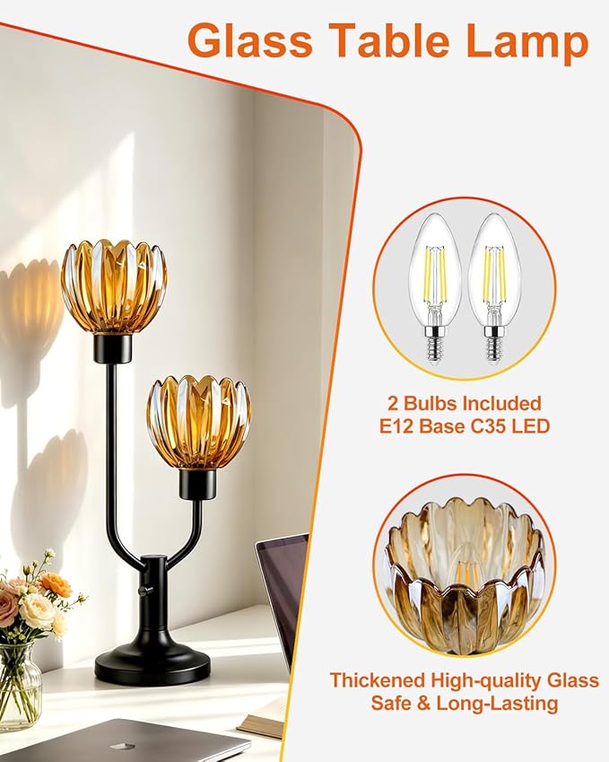Lightdot Mid Century Modern Flower Table Lamp for Bedroom Dimmable Nightstand Lamp Amber Glass Vintage Black Desk Lamp 2 Bulbs Included Warmwhite Ambient Bedside Lamp for Living Room Home Office Decor