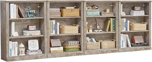 43" Grey Tall Bookshelf Set of 4,3-Tier Thick Wooden Book Shelf with Adjustable Shelves,Free Standing Farmhouse Bookcase with Open Display Storage,Floor Vintage Bookshelves for Living Room