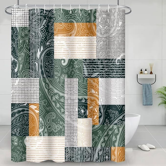 Abstract Boho Shower Curtain Bohemian Paisley Print Modern Geometric Plaid Pattern Shower Curtains for Bathroom Waterproof Fabric Decor Set with Hooks, 65W x 72H Inch