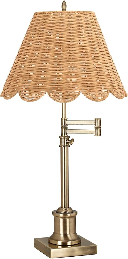 360 Lighting Westbury 35 1/2" Tall Large Traditional Natural Cottage Core End Table Lamp Adjustable Height Swing Arm Gold Brass Finish Single Rattan Beige Shade Living Room Bedroom Nightstand