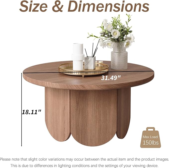 31.5” Round Small Coffee Table - Premium Wood Modern Center Tables with Petal-Shaped Base for Living Room, Apartment & Small Space, Easy Assembly