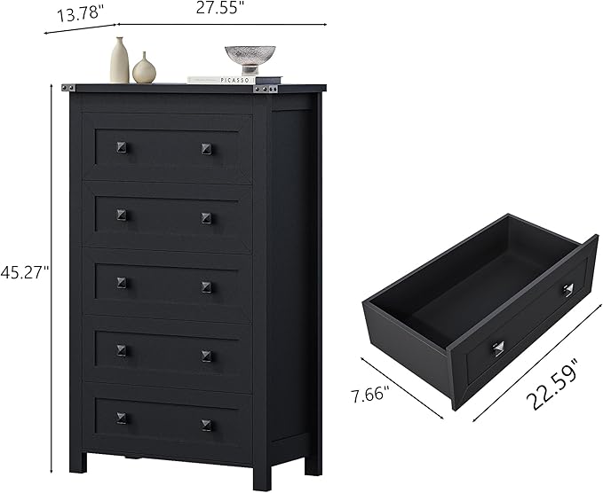 Black Dresser Tall 5 Drawer Dresser for Bedroom, Wooden Dressers & Chests of Drawers with Metal Handles, Modern Storage Cabinet and Organizer Drawers for Living Room, Hallway