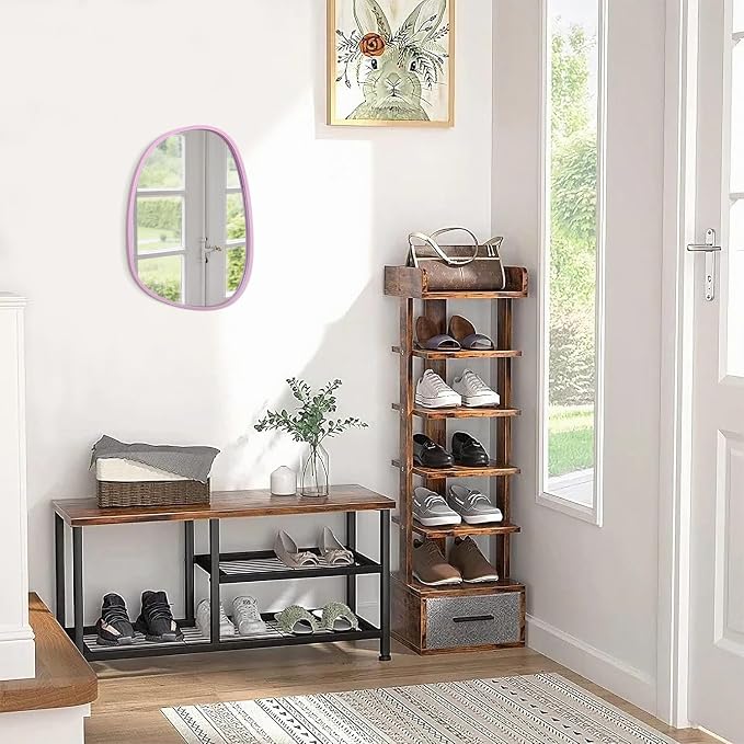 Irregular Wood Mirror with Frame Oval Asymmetrical Mirror for Wall Living Room Bedroom Bathroom Entryway Hallways Modern Unique Decorative Artistic Hanging Mirror Pink