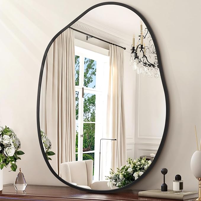 Black Irregular Wall Mirror Asymmetrical Bathroom Mirror Metal Framed Mirrors Decorative Bedroom Living Room Vanity Entryway 26''x18''