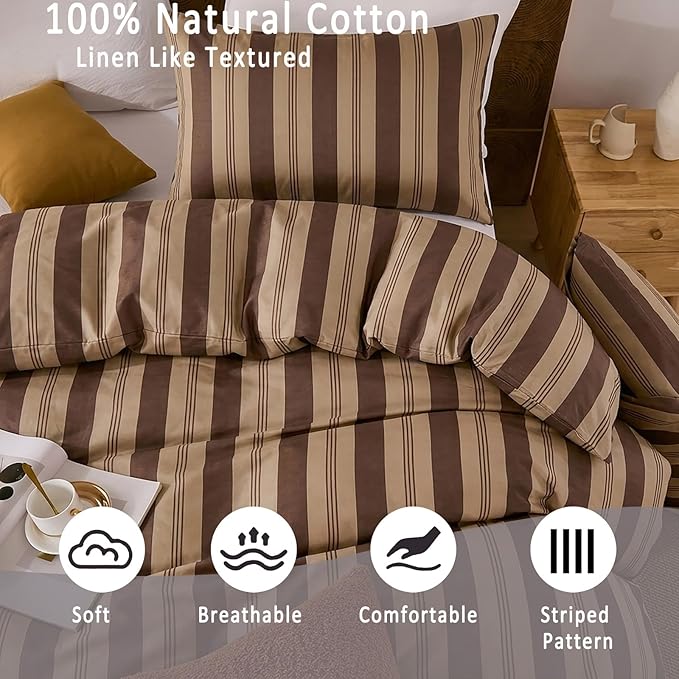 Merryword Brown and Khaki Striped Duvet Cover Set Queen Size, 100% Cotton Bedding Set with Zipper Closure & 8 Corner Ties, Awning Stripe Bedding, Soft Breathable Comforter Cover for All Seasons