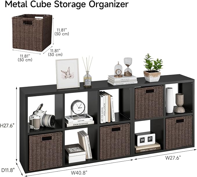 IRONMIX Metal Cube Storage Organizer with 4 Storage Basket, Short Bookshelf with Storage, 2 Tier Black Bookshelf Cube Shelf, Short Bookcase for Home Office Library (Black, 700+1037 with Basket)