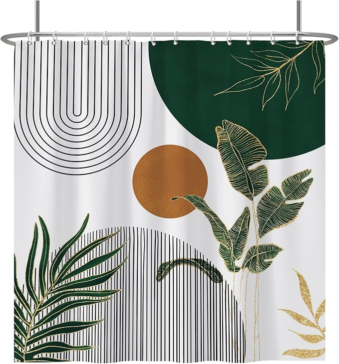 Baocicoo Boho Mid Century Shower Curtain Abstract Sun Green Banana Leaves Curve Aesthetic Shower Curtain for Bathroom Cubicle Living Room Waterproof Curtain for Bathroom with Hooks 72x72 Inches