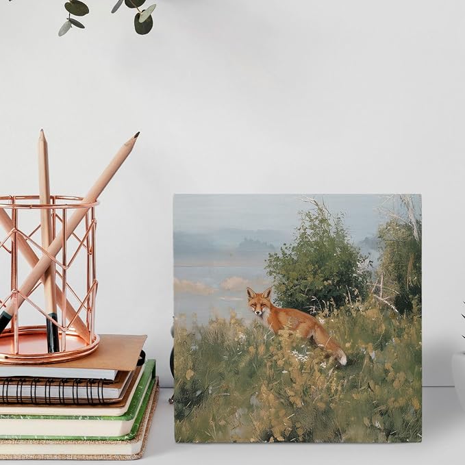 Forest Fox Wooden Box Sign Desk Decor, Gifts for Fox Lovers, Cottagecore Rustic Wild Animal Wood Signs for Home Living Room Office Desk Table Shelf Decorations, 5x5 Inch