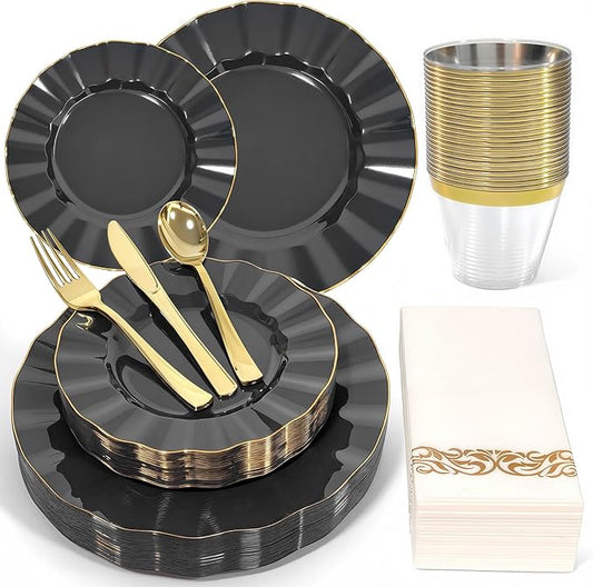 175 Plastic Dinnerware Set,Disposable Dinnerware Set for 25 Guests Include 50 Plastic Plates,25 Silverware Set,25 Cups and 25 Napkins for Thanksgiving Christmas,Party,Wedding（Black and Gold）