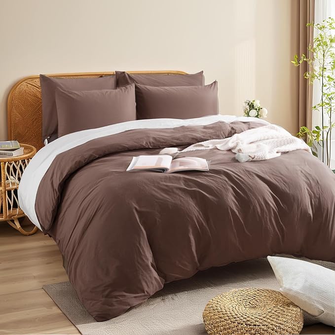 NEXHOME PRO King Duvet Cover Set – 100% Certified Organic Cotton with Washed Feel & Linen-Like Texture, Comfortable & Breathable, Home Bedding Set Dark Brown (No Comforter)